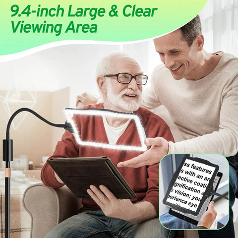Hands Free Floor Magnifier With Light And Stand for Reading, elderly man using LED lamp with tablet, clear 9x6 in viewing area