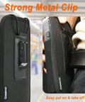 Rugged Vertical Scanner Holster With Metal Belt Clip for Handheld Barcode Scanners, showing black fabric and clip detail.