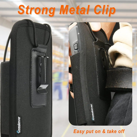 Rugged Vertical Scanner Holster With Metal Belt Clip for Handheld Barcode Scanners, showing black fabric and clip detail.