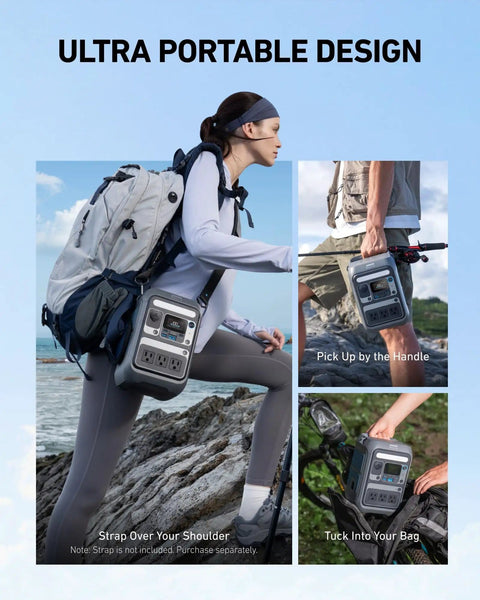 Person using Solix C300 Solar Generator With 60W Panel And 288Wh Portable Power Station outdoors with backpack