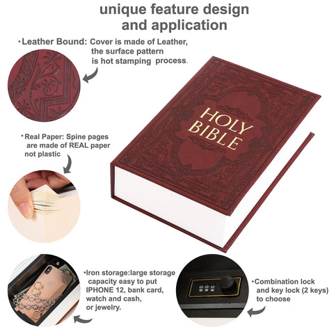 Discreet Bible Themed Diversion Safe With Real Pages 9.3 By 6.1 By 2.3 Inches Hidden Money Box With Combo Lock and leather cover