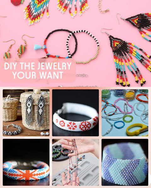 Bead Loom Kit For Adults With 48000 Glass Seed Beads In 96 Colors 2 Mm showing completed beaded earrings and bracelets