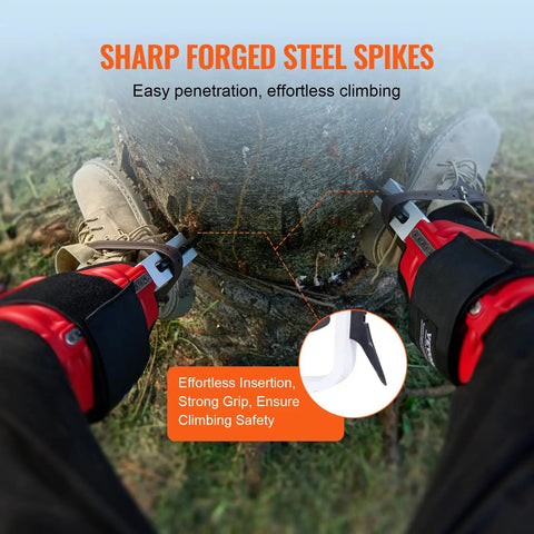 Person using Aluminum Tree Climbing Spikes 1 Pair With Straps And Spike Protectors 350 Pound Load Capacity Arborist Gear For Climbing Hunting And Fruit Picking Red For Tough Jobs.