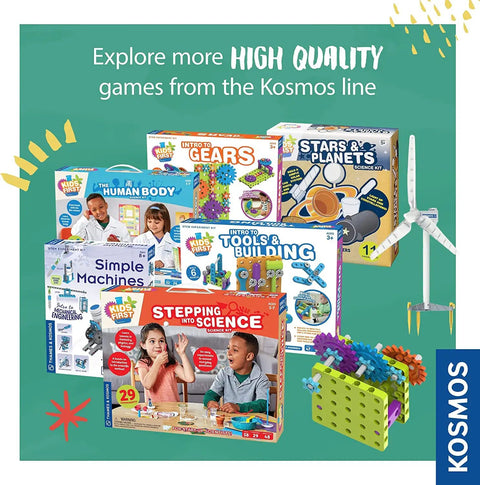 Collection of Kosmos STEM kits, including gliders, gears, science experiments, and educational games for kids learning.