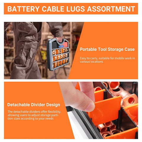 Heavy Duty Copper Battery Cable Lugs Kit with 120 pcs ends for AWG 1/0 to 2/0 and 1, 2, 4, 6, 8 gauge with storage case