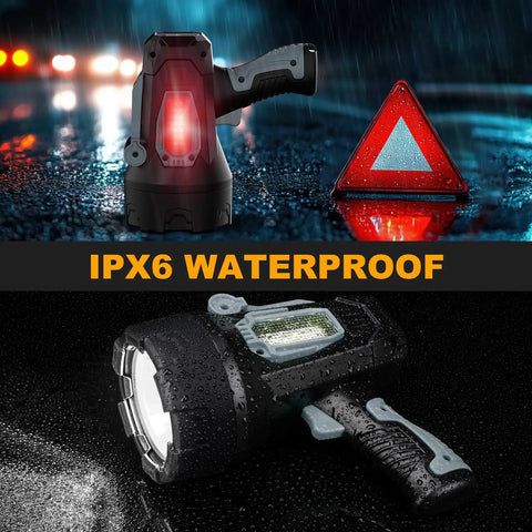 Rechargeable Handheld Spotlight 2,000,000 Lumen Led Flashlight with Cob Light, 10000mAh battery, waterproof in rain