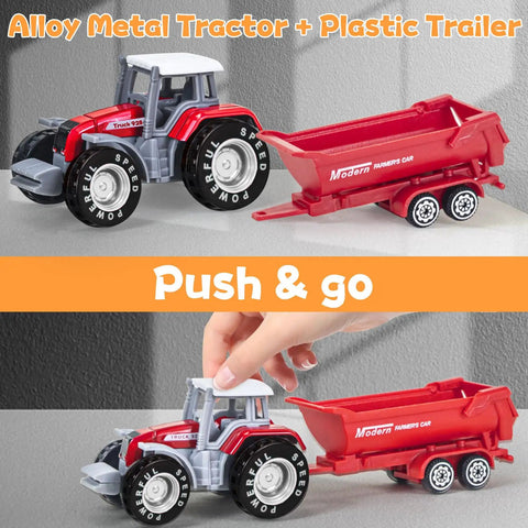 Alloy metal tractor with plastic trailer from 4 Pack Farm Tractor Toys With Trailers Die Cast Tractors And Trucks Set For Kids Ages 3 4 5 6 7 8