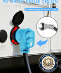 Heavy Duty 50 Amp Rv Generator Cord 100 Ft Power Extension Cable With 14 To 50 Twist Lock Angled Plug attached to a power inlet.