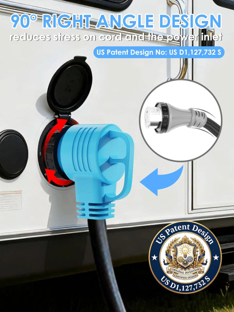 Heavy Duty 50 Amp Rv Generator Cord 100 Ft Power Extension Cable With 14 To 50 Twist Lock Angled Plug attached to a power inlet.