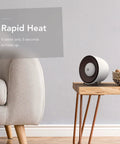Portable Space Heater With Detachable Hand Warmer on wooden table, compact 6 x 6 x 5 inches, modern design, safe for home offices