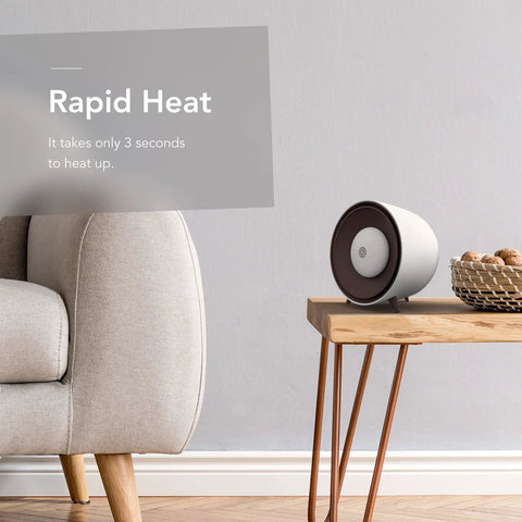 Portable Space Heater With Detachable Hand Warmer on wooden table, compact 6 x 6 x 5 inches, modern design, safe for home offices