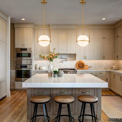 Slick Brass Pendant Light For Kitchen Island With Adjustable Height And Soft Frosted Glass Globe Ceiling Lamp For Dining Room Entryway Bedroom Modern Hanging Fixture Top Shelf Home Decor in stylish kitchen setting.