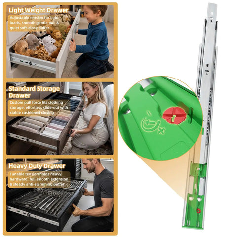 20 Inch Full Extension Drawer Slides With Soft Close, Heavy Duty Cabinet Drawer Tracks, 45mm Width Ball Bearing Rails, 3 Fold Adjustable Self Closing, 40kg Load Capacity, Durable Steel Mechanical Runner For Kitchen Cabinets And Dressers installed on drawer side
