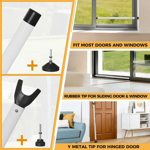 2 In 1 Sliding Door Security Bar, Adjustable From 16.5 To 48 Inches, Inside Window Safety Lock For Home Apartment And Hotel Rooms, Portable Door Jammer, Suitable For Sliding Doors And Hinged Doors, White, shown with rubber and metal tips