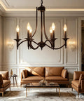 Black Farmhouse Chandelier Industrial Iron Six Light Pendant For Dining Room Kitchen Island Foyer Living Room And Bedroom Rustic Candle Style Light Fixture With Classic Candle Stems And Sturdy Frame For Everyday Home Lighting in elegant living room.