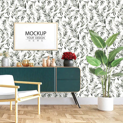 Living room with Leaf Peel And Stick Wallpaper In Dark Green With Eucalyptus Leaves Self Adhesive Wall Covering and plants.
