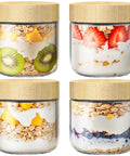 4 Pack 10oz Glass Meal Prep Jars With Bamboo Lids, Airtight Wide Mouth Mason Jars For Overnight Oats Featuring Mixed Fruits