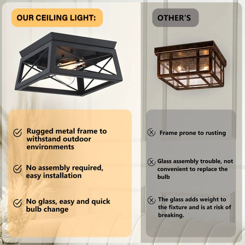Industrial Square Flush Mount Ceiling Light For Porch Kitchen Hallway And Entry Modern Black Rustic 2 Light Fixture Built To Last Weatherproof Matte Metal Indoor Outdoor Ready No Fuss Design, compared to another light with a glass frame, highlighting durability and ease of use.