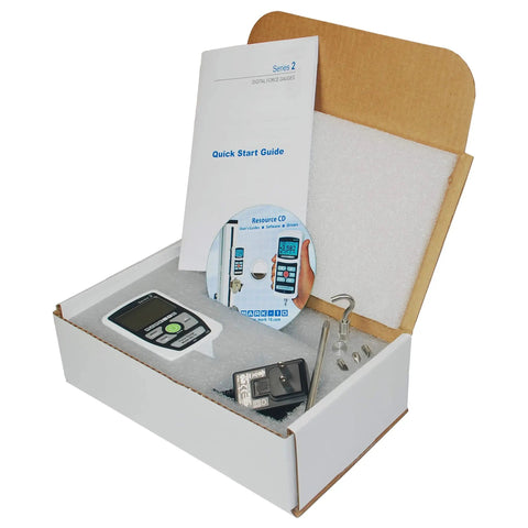 M2 Digital Force Gauge 500 Lbf Capacity For Legit Precision Testing - Ultra Compact 500 Hz Sampling 0.5% Accuracy Overload Protected To 200% Reversible Display And Housing Tough Material Testing Tool in box with manual and accessories