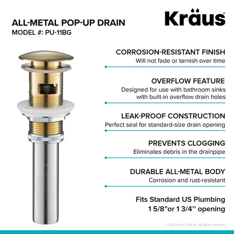 Brushed Gold Pop Up Drain With Overflow For Bathroom Sinks, All Metal Construction, 1.75 Inch Opening, durable design