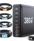 Front view of 380W USB C Charging Station 8 Port Hub with Dual 100W USB C PD, 3x30W USB C, 3x30W USB A ports, and USB cables.