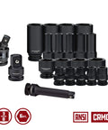 Beefy Forty Piece Impact Socket Set With Three Eighth Inch Drive Six Point Z Drive Sockets In SAE And Metric Tool Organizer Tray Pro Tech Series Black Model 949011 laid out with standard and extended sockets.