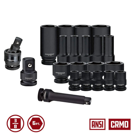 Beefy Forty Piece Impact Socket Set With Three Eighth Inch Drive Six Point Z Drive Sockets In SAE And Metric Tool Organizer Tray Pro Tech Series Black Model 949011 laid out with standard and extended sockets.