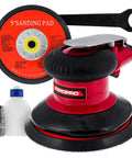 Red Heavy Duty 5 Inch Dual Action Random Orbit Air Palm Sander With PSA And Hook And Loop Backing Pads, wrench, and accessories
