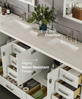 Straight Fire Premium 84 Inch Freestanding Double Sink White Bathroom Vanity With Solid Wood Build And Sleek Carrara Quartz Countertop For A Dope Contemporary Upgrade, dual porcelain sinks, water-resistant finish.