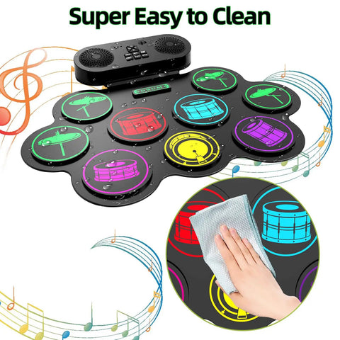 Roll Up 9 Pad MIDI Electronic Drum Set With Headphone Jack Built In Dual Speakers, easy to clean, colorful pads, and wipe.