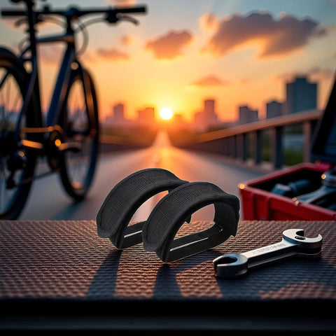 Two Pack Bike Pedal Straps Toe Clips For Kids And Adults Adjustable Nylon Foot Straps on textured surface, sunset and bike background