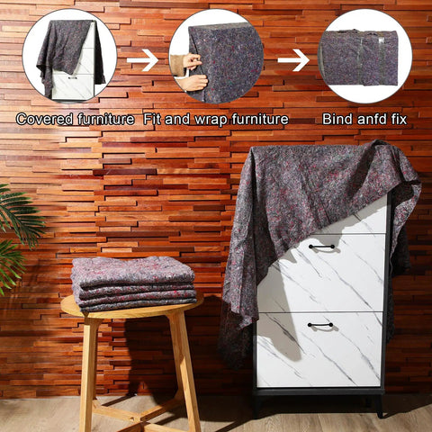 32 Piece Bulk Moving Blankets 54 By 72 Inch Heavy Duty Furniture Pads demonstrated on a white drawer and folded on a stool