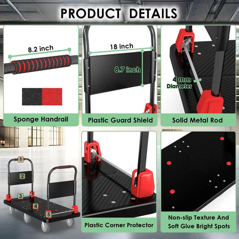 Heavy Duty 2200 Lb Platform Truck With Six Smooth Glide Wheels And Foldable Dual Handrails showing sponge handrailing, shield, and dimensions.