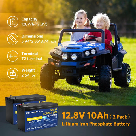 Children in toy car with 12V 10Ah LiFePO4 Battery Pack With Built In BMS, Dual Pack, 5000 Plus Cycles, Ideal For Power Wheels
