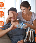 Man receiving gift with Flare Nut Wrench Set 11-Piece With Organizer Pouch For Auto Repair And DIY, ideal for holidays.