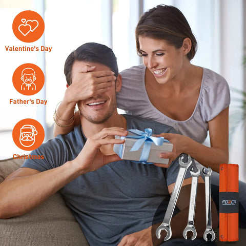 Man receiving gift with Flare Nut Wrench Set 11-Piece With Organizer Pouch For Auto Repair And DIY, ideal for holidays.