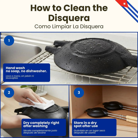 How to clean the Traditional Cuban Sandwich Press Disquera De Pan Cubano 15 Inch Heavy Duty Cast Iron Grill with wooden handles.