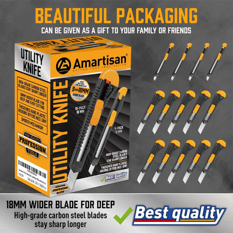 14 Piece Retractable Box Cutter Set With 18mm And 9mm Wide Blades For Boxes Cartons Cardboard Cutting Ideal Office And Home Utility Knives In Bright Yellow packaging.