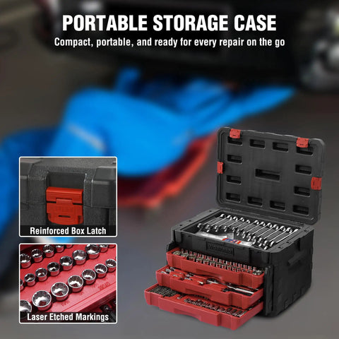 Heavy Duty 450 Piece Drive Socket Set With Quick Release Ratchet Wrench Includes Half Inch Quarter Inch And Three Eighths Inch Drives shown in portable storage case