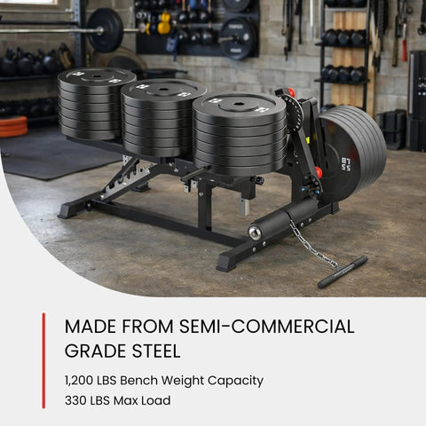 GLX Adjustable Weight Bench With Leg Extension And Curl Machine in gym, loaded with weights, made of semi-commercial grade steel.