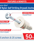 Heavy Duty Nylon Drywall Anchors With Screws 25 Pack Self Drilling Hollow Wall Fasteners For Gypsum Board close up image of anchor and screw