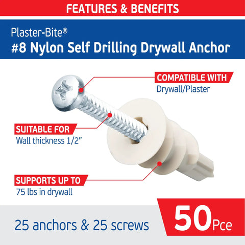 Heavy Duty Nylon Drywall Anchors With Screws 25 Pack Self Drilling Hollow Wall Fasteners For Gypsum Board close up image of anchor and screw