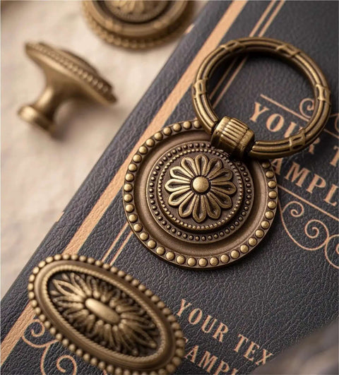 Antique Brass Kitchen Cabinet Handle With Vintage Bronze Look Boss Level Style Pull Drawer Knob shown on book detail