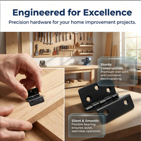 Heavy Duty Tri Fold Hinges For Cabinet Makeover Solid Build shown in hand, black metal, ideal for smooth 270-degree opening.