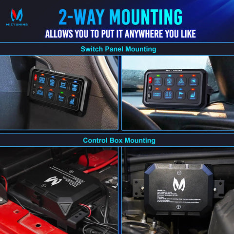 Beefed Up 8 Gang Switch Panel For Truck RV Offroad Marine, showing 2-way mounting options, with switch panel and control box images.
