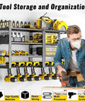 Power Tool Organizer Wall Mount Four Layer Heavy Duty Metal Storage Rack With Eight Drill Holders in use in garage workshop
