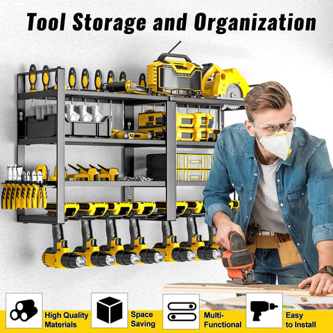 Power Tool Organizer Wall Mount Four Layer Heavy Duty Metal Storage Rack With Eight Drill Holders in use in garage workshop
