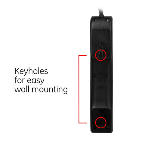 Back view of Six Outlet Surge Protector Power Strip With 20 Ft Heavy Duty Extension Cord 800 Joules Flat Plug Twist To Close Safety Covers UL Listed Black 2 Pack Boss Grade Home Office Garage showing keyholes for wall mounting.