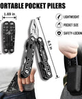 Military Grade Multitool Gift Set For Men, compact folding pliers, black stainless steel, pocket-sized for camping and hiking.