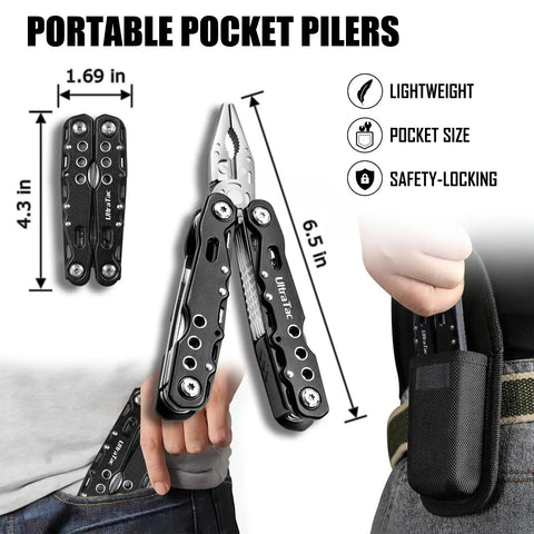 Military Grade Multitool Gift Set For Men, compact folding pliers, black stainless steel, pocket-sized for camping and hiking.